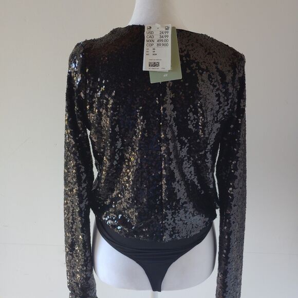 H&M Black Bodysuit with Sequins XS NWT Holiday New Years Cocktail Glam Sparkle - Picture 5 of 10